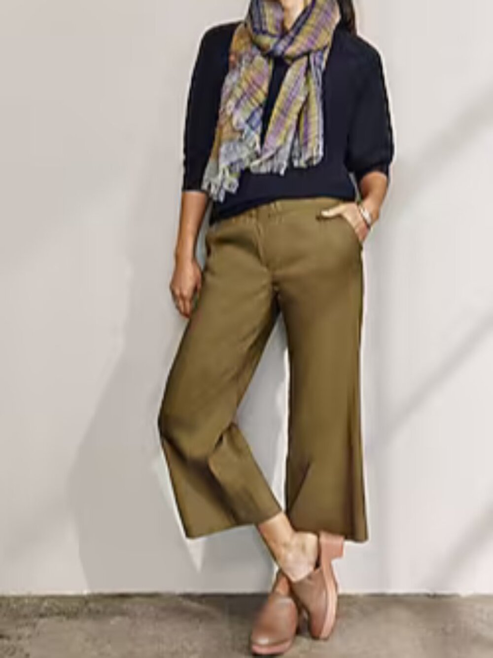 J. Jill Linen Stretch Full Leg Cropped Pants Green Olive Size M